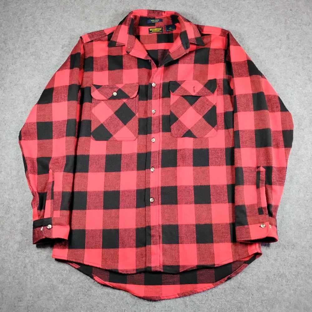 Vintage OshKosh Bgosh Mens L Tall Red Black Buffalo Plaid Cotton Flannel‎ Shirt
